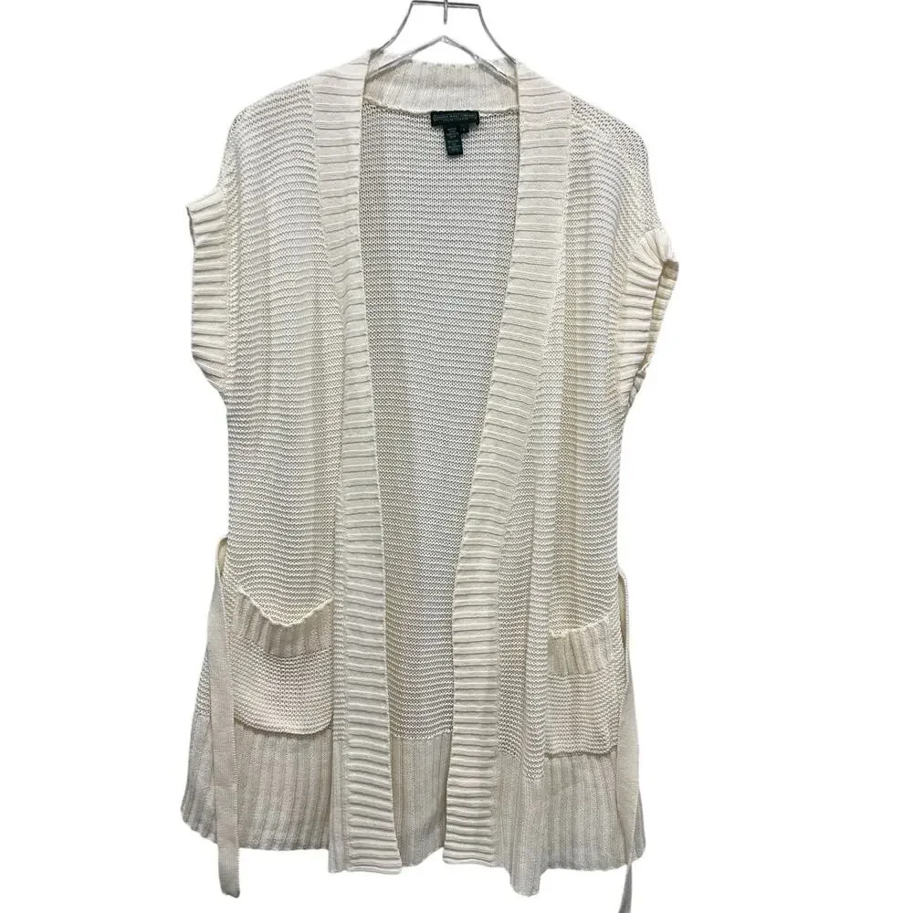 Vtg Lauren Jeans Co RL Open‎ Knit Linen Blend Cardigan Vest Size L Ivory